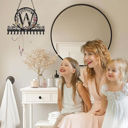 Wall-Mounted Metal Initial Letter W Earring Holder Hanging Jewelry Organizer for Earrings and Necklaces Space-Saving Wall Display with Hooks for Jewelry Storage