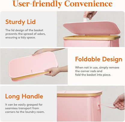 Lifewit 65L Slim Laundry Hamper with Lid, Narrow Laundry Basket with Removable Bag & Bamboo Handles, Fodable Thin Dirty Clothes Hamper for Laundry Collapsible Bin for Bathroom Bedroom Dorm, Pink