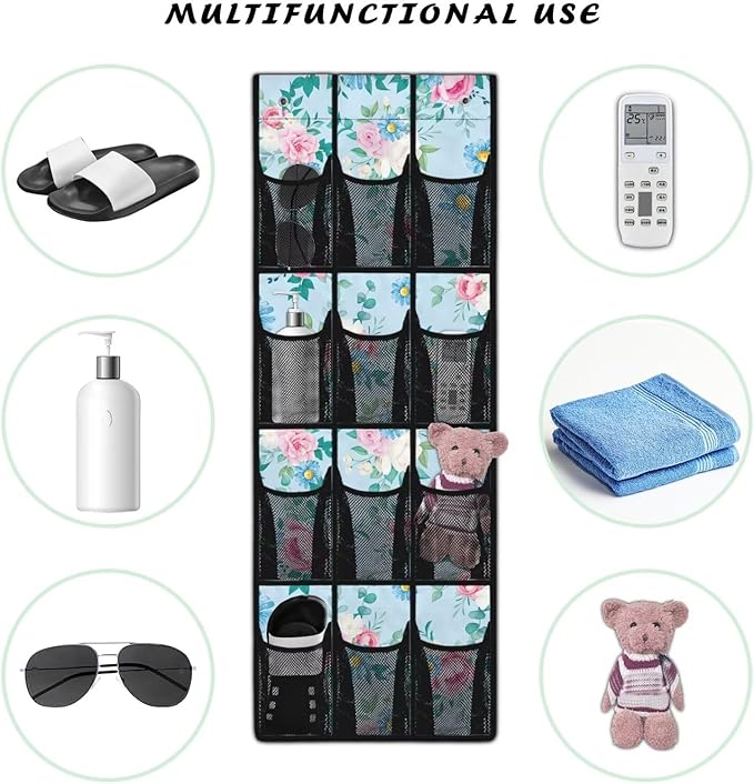 Blue Floral Over the Door Hanging Organizer for Closet - Heavy Duty Large Storage Bags with Metal Hooks, Space Saving Home Organization
