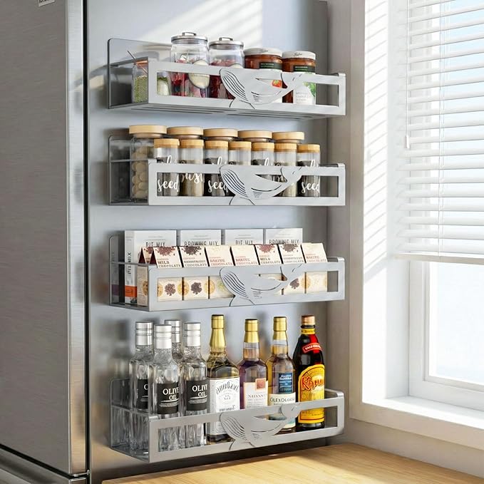 Magnetic Spice Rack for Refrigerator, 4 Pack Metal Magnetic Shelf Organizer for Fridge Side, Strong Spice Storage Rack for Kitchen, Gray