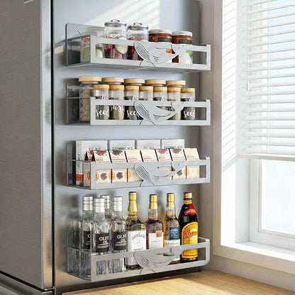 Magnetic Spice Rack for Refrigerator, 4 Pack Metal Magnetic Shelf Organizer for Fridge Side, Strong Spice Storage Rack for Kitchen, Gray