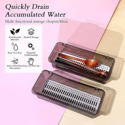 4PCS Flatware Tray with Lid and Drainer, Tableware Utensil and Cutlery Drawer Organizer with Lid Covered Silverware Tray to Keeps Your Cutlery Organized and Protected