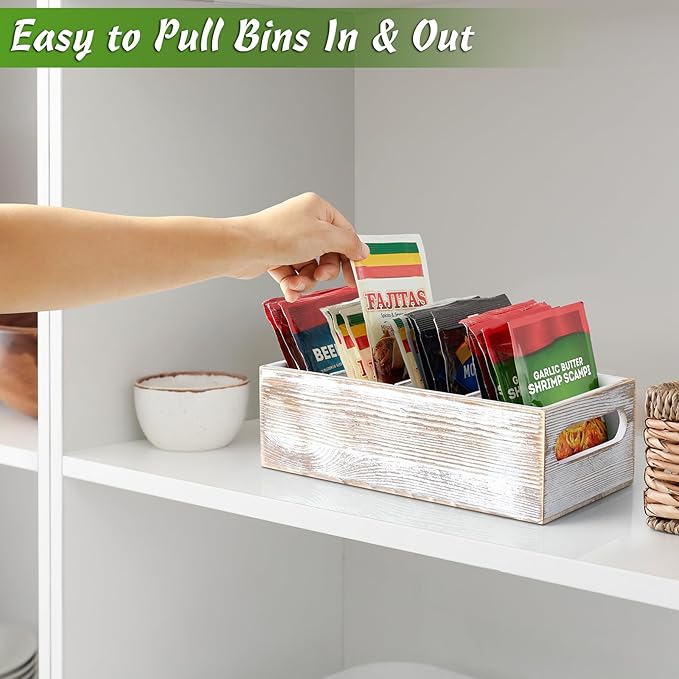 DRASTAR Pantry Organization and Storage Bins, Seasoning Packet Organizer with Removable Dividers,Wooden Storage Caddy for Kitchen, Pantry, Cabinet, Countertop， Whitewashed