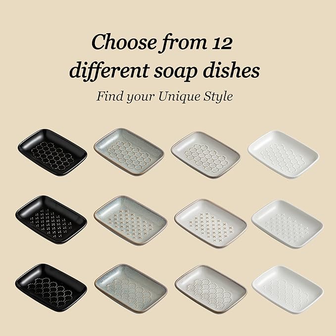 Gomakren Soap Dish for Shower, Ceramic Bar Soap Holder with Honeycomb Design - Soap Saver Tray for Bathroom Kitchen Sink, Sponge & Organizer Tray, Upscale Look, 5.5 Inch, Black