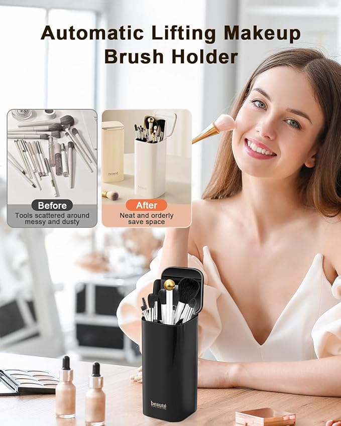 Upgrade Makeup Brush Holder Organizer with Lid, Automatic Lifting Dustproof Makeup Brushes Organizer with 4 Compartments for Vanity，Cosmetic Storage for Dresser Countertop and Bathroom (Black Gold)