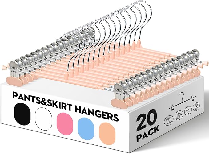 HUADYMEET 20 Pack 12Inch Pants Hangers with Wide Clips,Metal Trouser Hangers for Jeans. Space Saving Heavy Duty Non-Slip Adjustable Closet Organizers and Storage Shorts Hanger for Women, MenCoral Pink