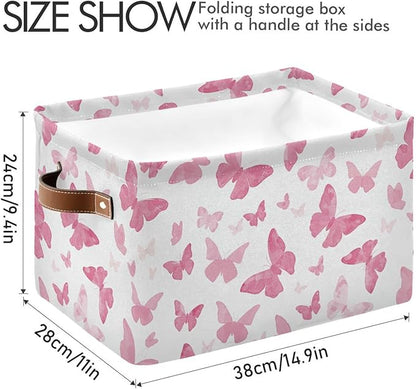Watercolor Pink Butterfly Storage Basket Bin, Large Cube Storage Box Canvas Collapsible Storage Organizer for Home Office Closet - 15 L x 11 W x 9.5 H