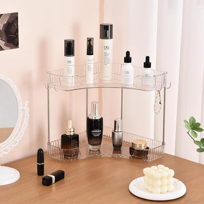 2-Tier Corner Bathroom Organizer Countertop with Hooks, Bathroom Sink Corner Vanity Storage for Makeup, Skincare and Perfume (White Silver)