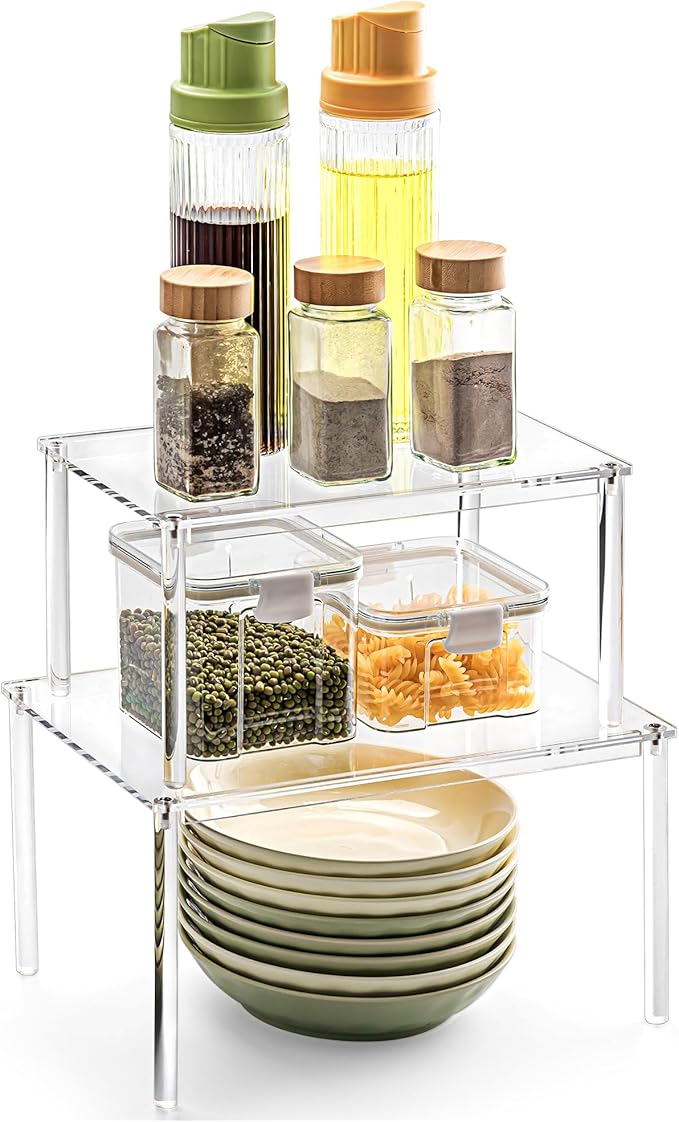 Bobomoment Acrylic Cabinet Organizer, Set of 2 Shelf Organizer, Spice Rack Organizer for Cabinet, Desk Countertop Organizer, Stackable Shelves for Pantry Kitchen Storage and Organization