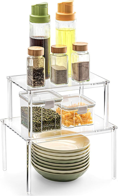 Bobomoment Acrylic Cabinet Organizer, Set of 2 Shelf Organizer, Spice Rack Organizer for Cabinet, Desk Countertop Organizer, Stackable Shelves for Pantry Kitchen Storage and Organization