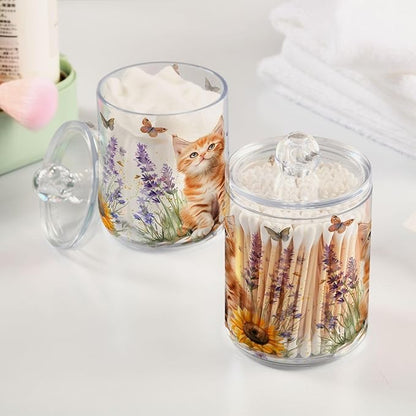 4 Pack Qtip Holder Dispenser Lavender Cat Sunflower Cotton Ball Swab Round Pads Floss Clear Bathroom Storage Containers Plastic Apothecary Jars with Lids