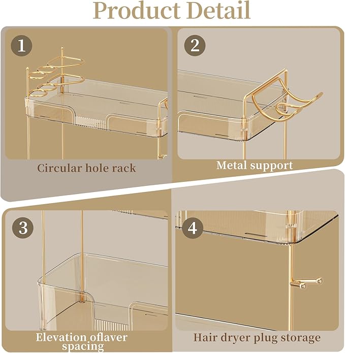 Akinbas 3 Tier Bathroom Organizer Countertop Makeup Perfume Tray Skincare Organizer Comes with Hair Dryer Rack and Toothbrush Holder for Bathroom Dresser Vanity (Gold)