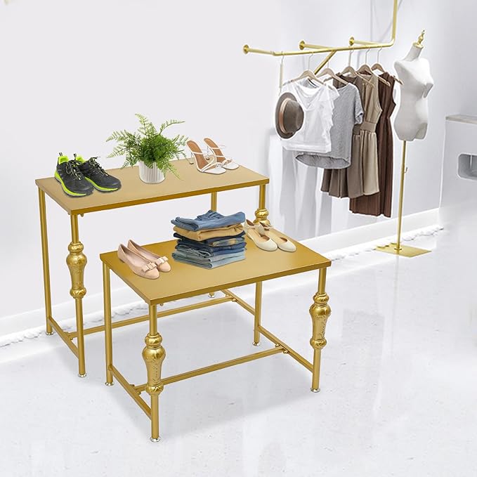 Industrial Retail Display Tables, Set of 2 Standing Clothing Shoes Display Rack Boutique Display Table Storage Shelves for Retail Store, Hotel, office. (Gold)