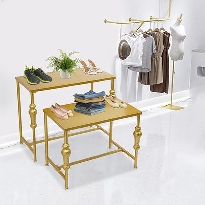 Industrial Retail Display Tables, Set of 2 Standing Clothing Shoes Display Rack Boutique Display Table Storage Shelves for Retail Store, Hotel, office. (Gold)