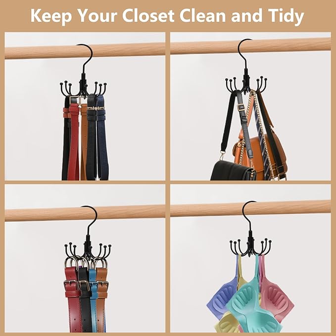 Belt Hanger 2 Pack 360° Rotatable Closet Organizer for Ties, Belts, Scarves, Hats Space-Saving Multi-Purpose Storage Hooks with Durable Design