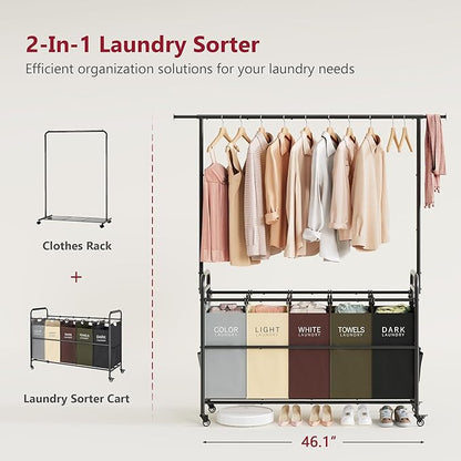 Tajsoon Laundry Sorter Cart with Hanging Rack, 5 Section Laundry Hamper, 246L (65 Gal.) Laundry Basket with Wheels, Removable Hamper Organizer for Dirty Clothes Bathroom Cloakroom, 5 Colors