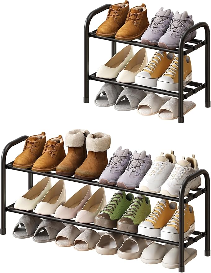kiplant Shoe Rack for Closet, Black 2-Tier Expandable Closet Shoe Rack Metal Organizer, Heavy Duty Shoe Storage Shelf for Entryway, Doorway, Narrow Space