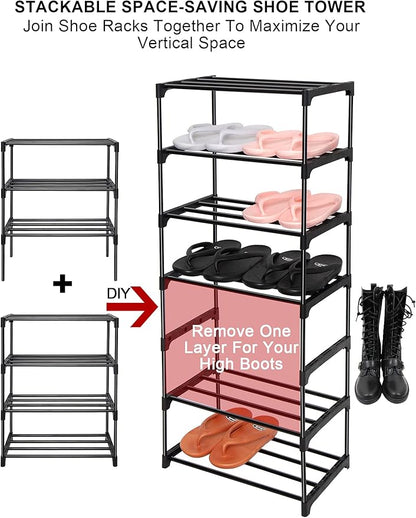 LNYZQUS Upgrade 4-Tier Small Shoe Rack, Metal Stackable Kids Shoe Shelf Storage Shoe Stand Organizer for Closet Entryway Hallway,Zapateras Organizer for Shoes(Black)