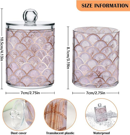 ALAZA 2 Pack Qtip Holder Dispenser Rose Gold Mermaid Pink Marble Bathroom Organizer Canisters for Cotton Balls/Swabs/Pads/Floss,Plastic Apothecary Jars for Vanity