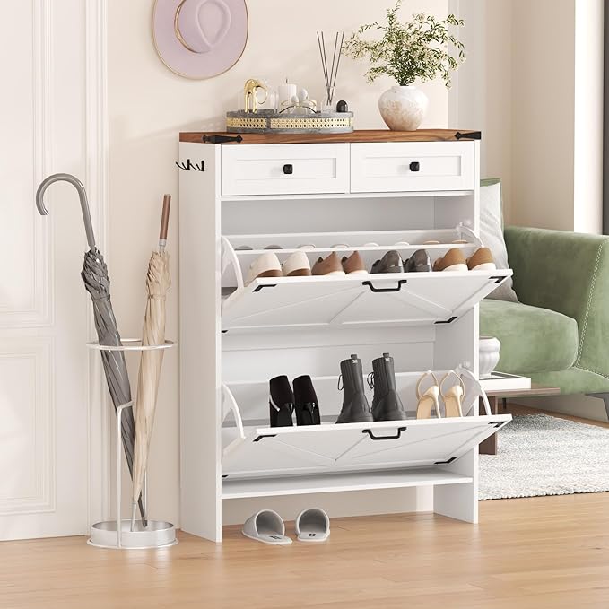 Shoe Storage Cabinet with 2 Flip Drawers & 2 Storage Drawers, Tall Narrow Slim Shoe Rack Organizer, Farmhouse Wood Hidden Shoe Cabinet for Entryway,Hallway, White