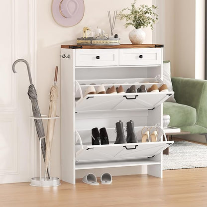 Shoe Storage Cabinet with 2 Flip Drawers & 2 Storage Drawers, Tall Narrow Slim Shoe Rack Organizer, Farmhouse Wood Hidden Shoe Cabinet for Entryway,Hallway, White
