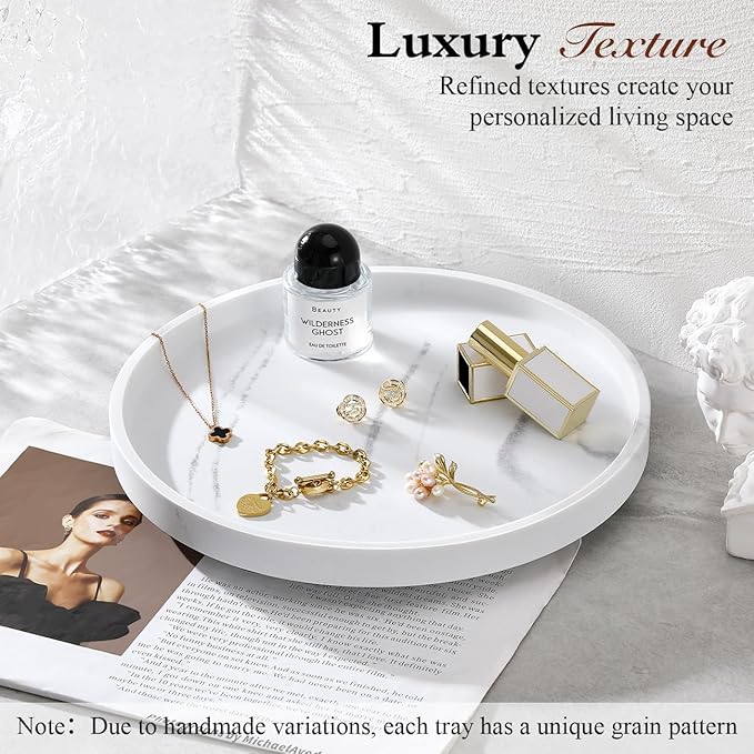 Luxspire Turntable Lazy Susan for Table Top, Marble Round Tray 10.63 inch, Lazy Susan for Cabinet Dining Table Kitchen Pantry, Rotating Bathroom Countertop Organizer, Gravel White