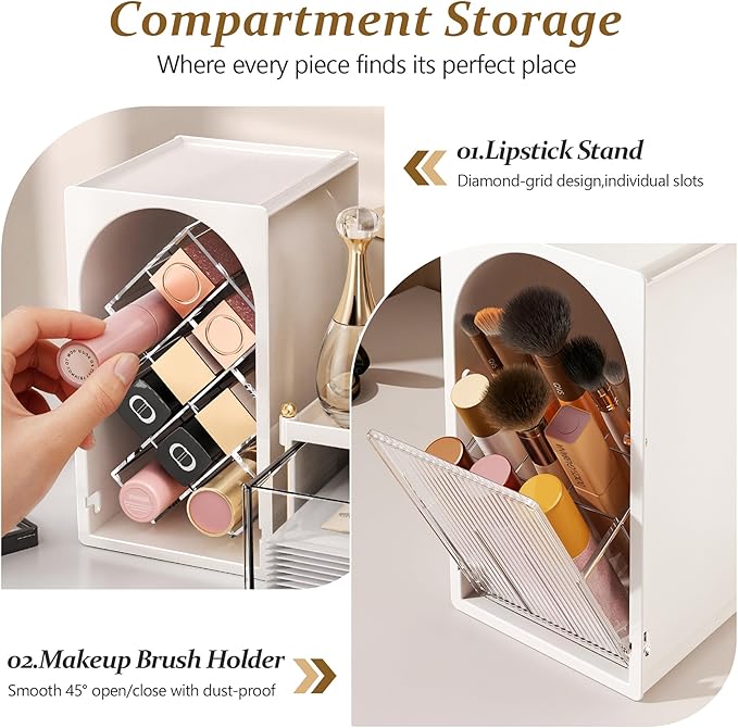 FOLLOWIN Compact Makeup Organizer Set, Lipstick Holder with Grid,Makeup Brush Organizer with Flip Drawer, 2 Ways to Arrange, Milk White Vanity Countertop Storage with Detachable Drawer for Cosmetics