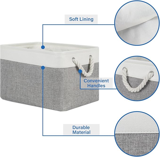 Temary Storage Baskets 4Pack Fabric Storage Bins Clothes Baskets with Rope Handle, Decorative Basket for Gift, Blankets (White&Gray,15x11x9.5 inch)