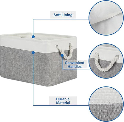 Temary Storage Baskets 4Pack Fabric Storage Bins Clothes Baskets with Rope Handle, Decorative Basket for Gift, Blankets (White&Gray,15x11x9.5 inch)
