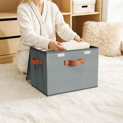 Univivi Heavy Duty Fabric Storage Bins with Lid, Large 17" 10 Gallon Stackable Storage Cube with Leather Handles, Decorative Storage Boxes with Lids for Bedroom, Closet, Nursery, Office, 3-Pack(Grey)