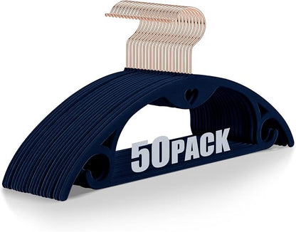 Velvet Hangers 50 Pack: Felt Clothes Hangers Heavy Duty Shirt Sweater Hangers No Shoulder Bump Non Slip Slim Thin Coat Hangers for Closet - Blue