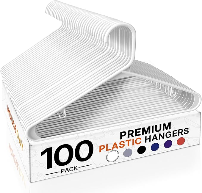 HOUSE DAY White Plastic Hangers 100 Pack, Plastic Clothes Hangers with Built-in Hooks, Durable and Strong Coat Hangers for Closet, Space Saving Clothing Hanger for Shirts, Coats, Skirt, Dress