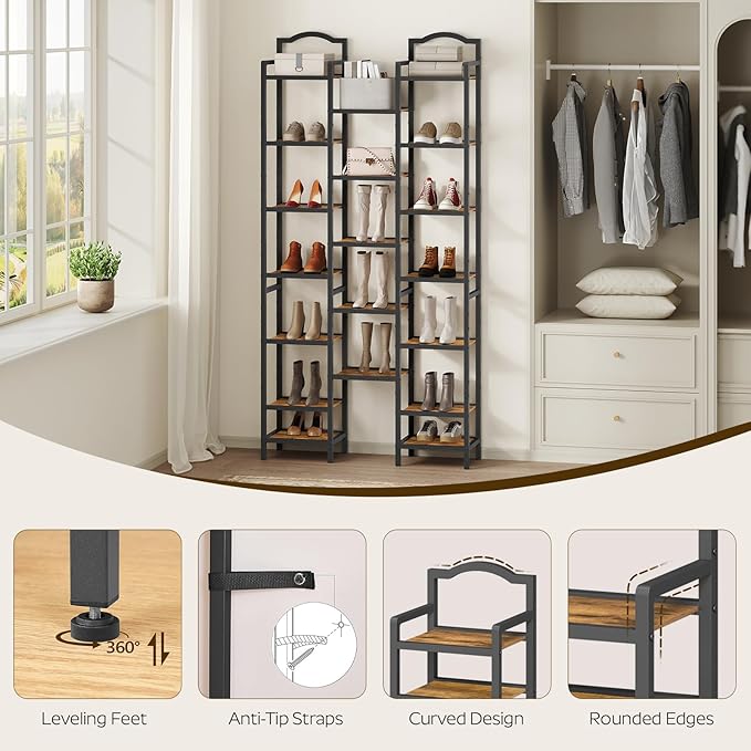 YATINEY 12-Tier Tall Shoe Rack, Vertical Shoe Organizer for Small Spaces, Wooden Shoe Shelf for Entryway, Space Saving Shoe Storage, Holds 12 Pairs of Shoes, Rustic Brown and Black SS52BR