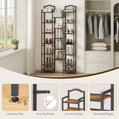 YATINEY 12-Tier Tall Shoe Rack, Vertical Shoe Organizer for Small Spaces, Wooden Shoe Shelf for Entryway, Space Saving Shoe Storage, Holds 12 Pairs of Shoes, Rustic Brown and Black SS52BR