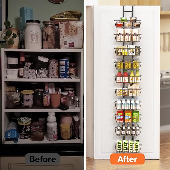 10 Tier Over the Door Pantry Organizer, Over the Door Organizer with Adjustable Baskets, Metal Hanging Door Pantry Organizers and Storage for Kitchen Bathroom Bedroom, Black