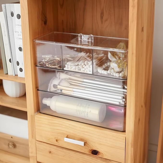 Acrylic Makeup Organizer Cosmetic Storage Display Case Makeup Brush Cotton Ball Pads Swab Q-tip Holder Lipstick Dispenser Canister Bathroom Container (9.2x3.7x5.1in, 2 Tiers, Clear)