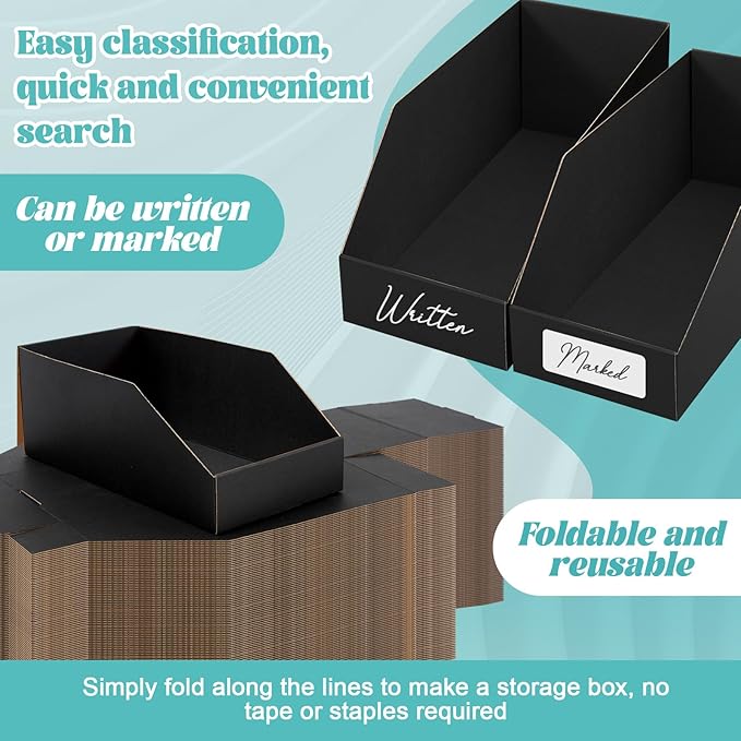 Fuyoooo 30 Pack 12 x 4 x 4. 5 Inches Cardboard Storage Bins Open Top Bin Boxes Black Corrugated Shelf Organizer Bins for Pantry, Parts, Garage, Snacks, Bottles, Cans or Warehouse Home Cubby