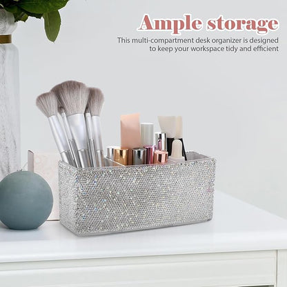 TEHAUX Bling Makeup Organizer for Vanity with 3 Compartments Rectangular Cosmetic Storage Box for Desk Makeup Brushes Lipsticks - Elegant Rhinestone Design 2.87 X 7.28 X 2.87 Inches