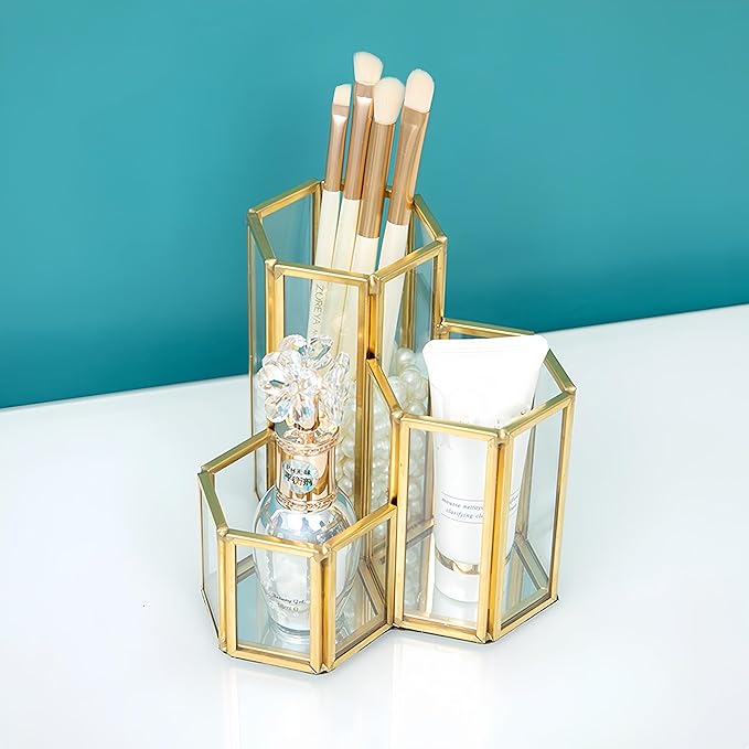 JIARI Glass Makeup Brush Holder, 3 Slots Gold Hexagon Cosmetics Organizer, Desktop Pen Pencil Pot for Office Home (Hexagon-3 Slot)