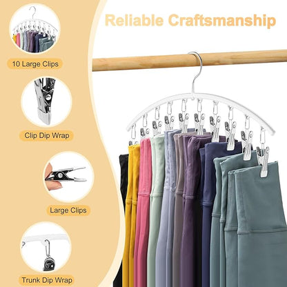 Legging Organizer for Closet, Metal Yoga Pants Hanger w/Rubber Coated 1 Pack w/10 Clips Hold 10 Leggings, Hangers Space Saving Hanging Closet Organizer for Closet Organizers and Storage-White