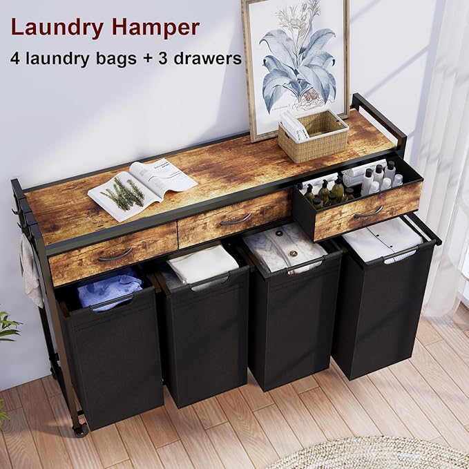 Timberer Laundry Hamper, Laundry Sorter 4 Sections, Rolling Laundry Basket with Wheels, 3 Drawers, 4 × 14.5 Gal (55 L), Pull-Out and Removable Oxford Fabric Bags, Black and Rustic Brown