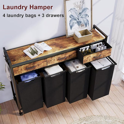Timberer Laundry Hamper, Laundry Sorter 4 Sections, Rolling Laundry Basket with Wheels, 3 Drawers, 4 × 14.5 Gal (55 L), Pull-Out and Removable Oxford Fabric Bags, Black and Rustic Brown