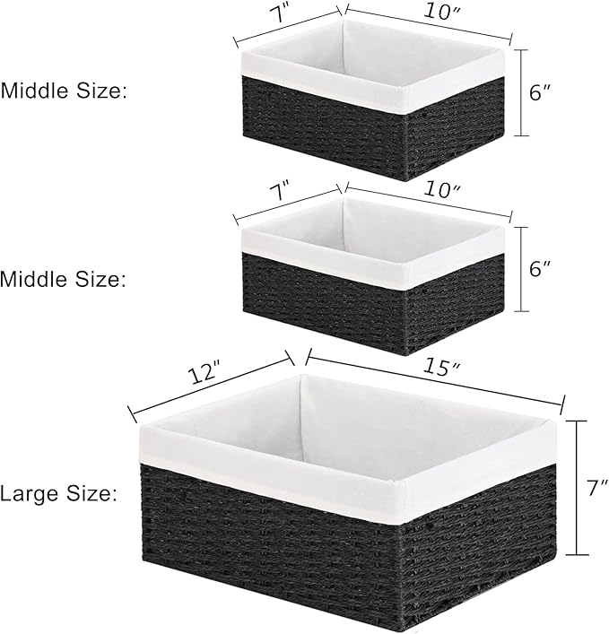 Vagusicc Storage Basket, 3-Pack Woven Paper Rope Wicker Baskets for Storage with Handles, 15 Inches Large Cube Storage Bins Woven Storage Baskets with Liners for Shelves Organizing & Decor, Black