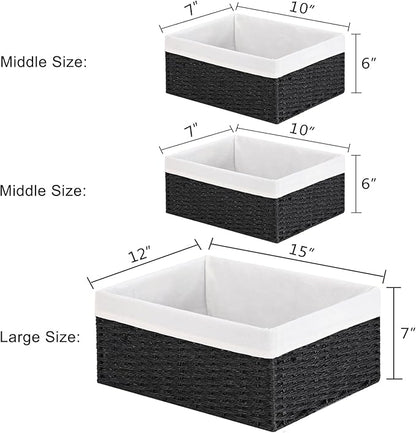 Vagusicc Storage Basket, 3-Pack Woven Paper Rope Wicker Baskets for Storage with Handles, 15 Inches Large Cube Storage Bins Woven Storage Baskets with Liners for Shelves Organizing & Decor, Black