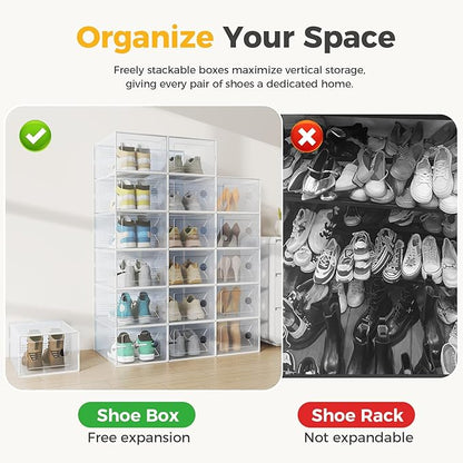 NEWBULIG 30 Clear Shoe Storage Boxes, Shoe Organizer for Closet with Lid, Plastic Stackable Breathable Shoe Cabinet with Lid for Sneakers, Heels & Boots, White