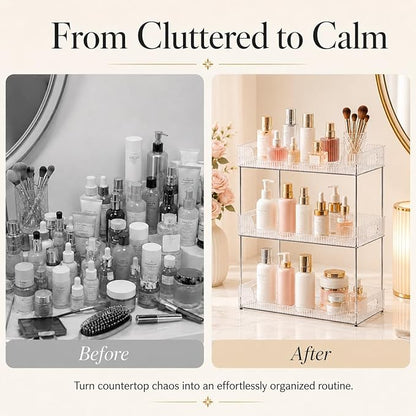 Goderewild 3 Tier Bathroom Counter Organizer, Multi-Purpose Cosmetics Skincare Shelf, Fits A4 Size Makeup Organizer for Office and Vanity Tray, Countertop Storage Solution for Kitchen,Bath.(Clear)
