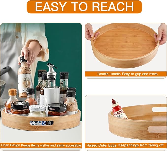 Lazy Susan Organizer 14 inch, Bamboo Lazy Susan for Table, Kitchen Turntable Organizer with Double Handles, Round Wood Rotating Turntable Spice Organizer for Countertop Cabinet or Pantry