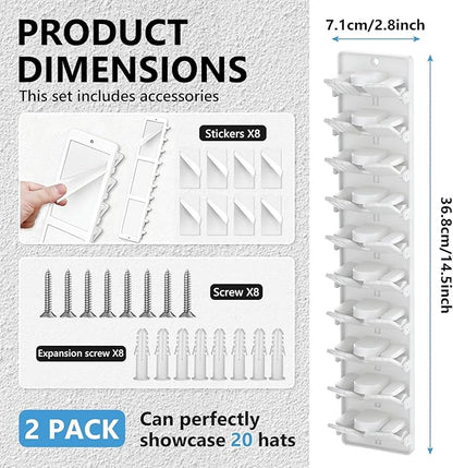 Hat Organizer for Baseball Caps with Built Spring Clips 2 Packs - Wall Mount Closet Hat Rack Holder, Storage for Wall Door/Closet Display Hat Racks Hanger (Strong Adhesive & Screws) White