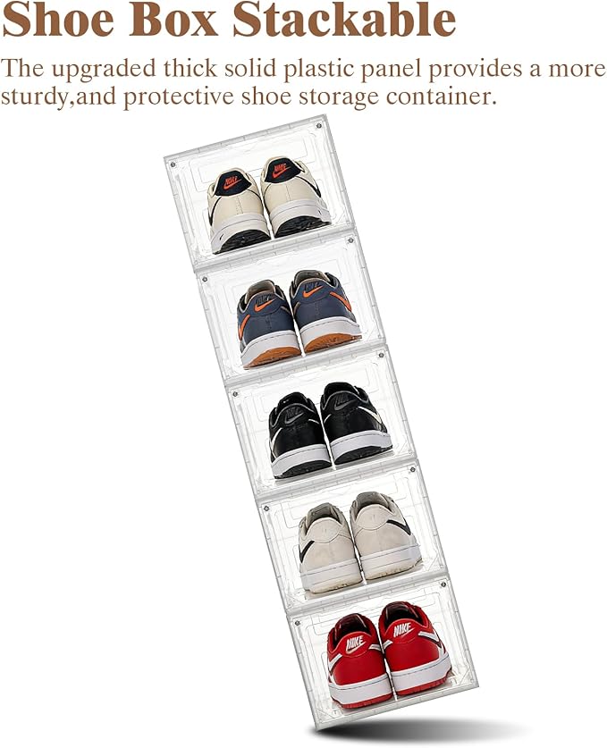 X-Large Shoe Storage Boxes Organizers Clear Plastic 6 Pack, Shoe Rack & Holder Sneaker Container with Magnetic Doors - Display Case Fit Size 12, Easy Assembly