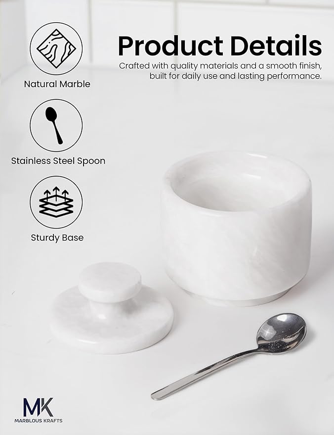 MARBLOUS KRAFTS Marble Salt Cellar with Lid & Spoon 3" White Small Flaky Salt Container, Seasoning Jar, Spice Storage Countertop, Ideal For Salt Box, Sugar Jar Kitchen Décor, Gift for Mom